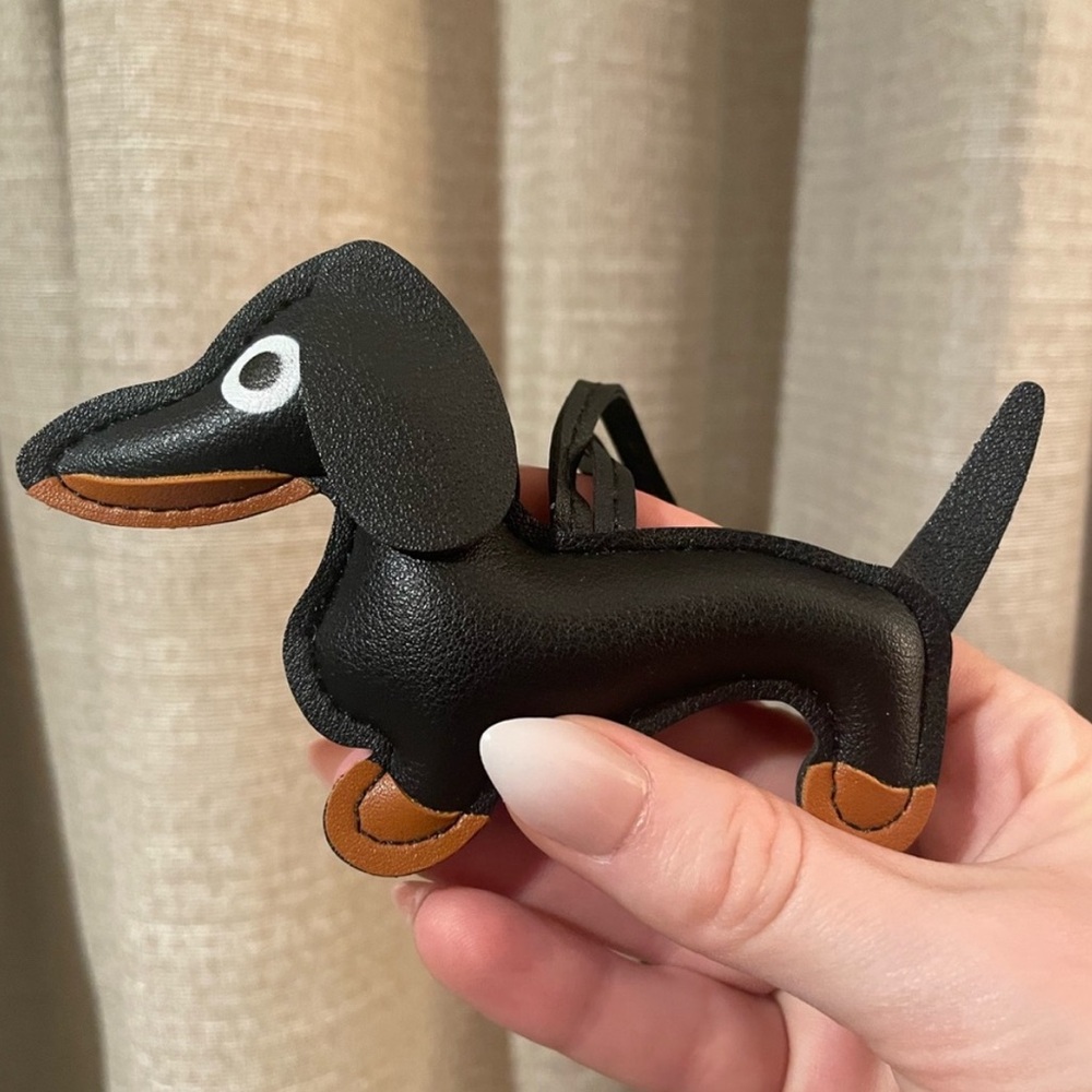 Black Dachshund Leather Bag Charm Keychain
